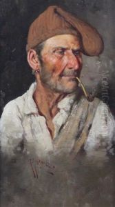Portrait Of An Italian Man Smoking A Pipe And His Wife (a Pair) by Giuseppe Giardiello