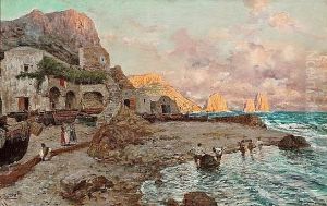 A View Of The Coast Of Capri With Figures On The Beach And I Faraglioni Beyond by Giuseppe Giardiello