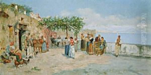 Vor Einer Schenke Am Golf Von Neapel Bewundern Fischerfrauen Und Manner Tarantella Tanzende Madchen by Giuseppe Giardiello