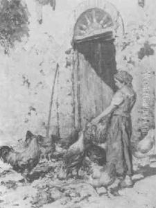 Woman And Chickens In The Courtyard by Giuseppe Giardiello