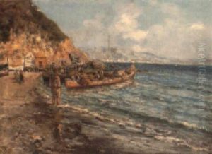An Italian Beach With Fishing Boats Returning Home by Giuseppe Giardiello