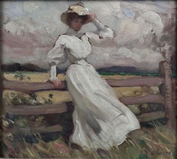 Girl In A White Dress And Straw Hat Leaning On A Fence - view 1