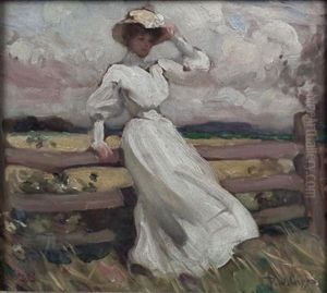 Girl In A White Dress And Straw Hat Leaning On A Fence