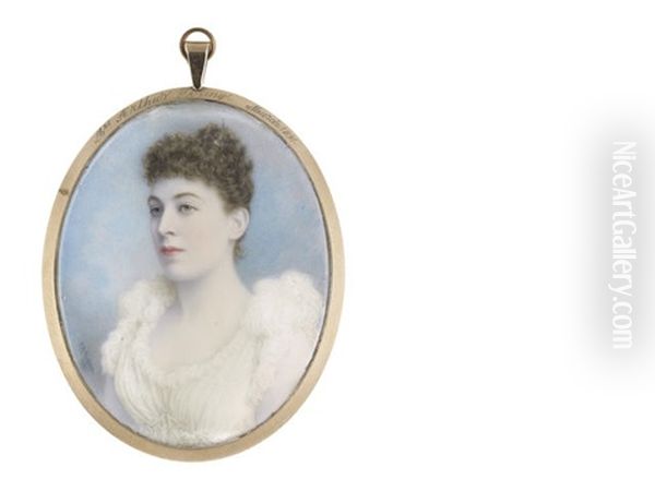 Mrs Arthur Young, Wearing White Dress With Marabou Trim To Her Decollage And Embroidered Waist Belt, Her Brown Hair Curled And Upswept - view 1
