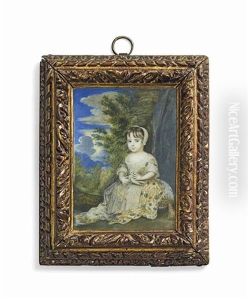 A Young Girl Seated In A Woodland Landscape, In White Dress With Blue And Gold Floral Pattern, Lace Apron, White Bonnet With A Dove On Her Lap... by Richard (Dwarf Gibson) Gibson
