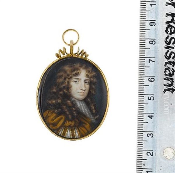 A Gentleman, Wearing Gold Edged Ochre Doublet Slashed At The Sleeve To Reveal White Chemise, White Stock And Lace Jabot, Natural Wig - view 1