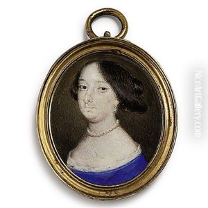 A Lady, In White-bordered Blue Dress, Pearl Necklace, Drop-pearl Earring, Dark Upswept Hair