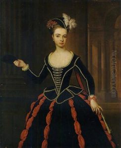 Portrait Of The Hon. Mrs. William Townshend In A Black And Red Masquerade Dress, Holding A Mask In Her Right Hand, A Classical Arcade Beyond by Thomas Gibson