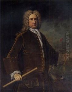 Portrait Of Vice-admiral Sir John Baker In A Brown Velvet Jacket Holding A Baton In His Right Hand With A Man-o'-war At Anchor Beyond by Thomas Gibson