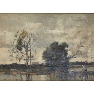 A Wooded Landscape With Figures In A Punt by William Alfred Gibson