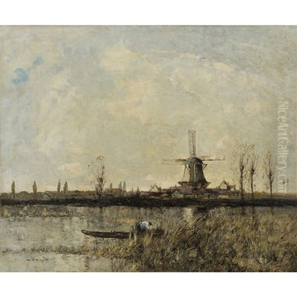 A Dutch River Landscape With A Figure In A Punt - view 1