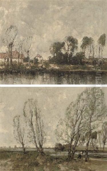 A Figure On A River Bank With Cottages Beyond (+ A Figure On A Riverside Track; Pair) - view 1