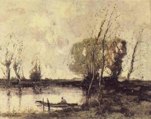 A Punt And Figure Moored By The River's Edge A Punt And Figure Moored By The River's Edge