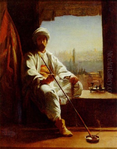 Man Smoking A Pipe, View Of Constantinople Beyond - view 1