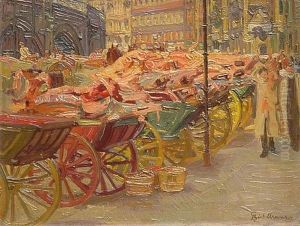 Pferdekutschen Vor Der Kirche Einer Grosstadt (wien?) by Fritz Giebelhausen