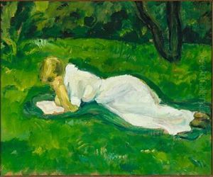 Pige I Lyserodt, Der Ligger I Graesset Og Laeser (girl In Pink, Reading In The Grass) by Harald Giersing