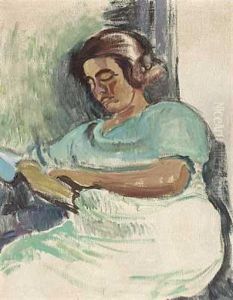 Laesende Dame I Gron Kjole by Harald Giersing