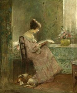 A Young Girl Reading In An Interior In The Sunshine by Joseph W. Gies