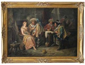 Historisierende Wirtshausszene Mit Weintrinkern Und Tanzerin Mit Tamburin