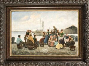 Vielfigurige Hafenszene Mit Auf Die Ankunft Der Fischer Wartenden Frauen by Wilhelm Giessel