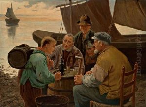 Abendliche Kustenlandschaft Mit Fischern Und Seebaren Im Gesprach by Wilhelm Giessel