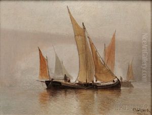 Boats Sailing Near A Bridge In Fog by Charles Henry Gifford