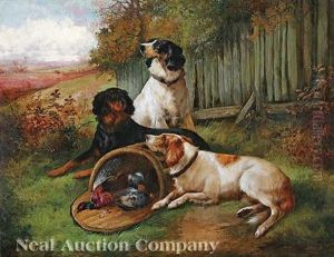 After A Day's Sport: Three Spaniels With A Basket Of Game by John Gifford