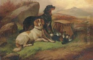 A Gordon And An English Setter With Black Game And Grouse On A Moor by John Gifford