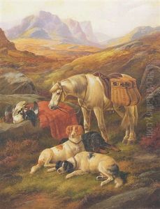 White Pony With Sporting Dogs And Dead Game In A Landscape