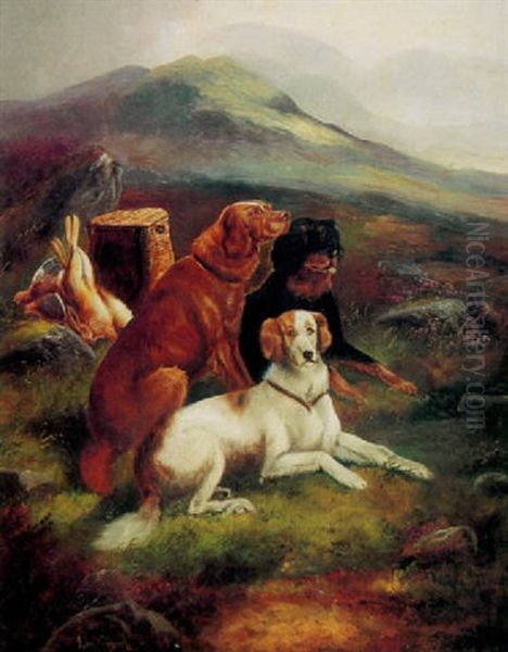 A Mountainous Landscape With Three Gun Dogs And A Basket Of Game Behind - view 1