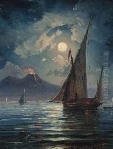 Vessels Before Vesuvius At Night by Ercole Gigante