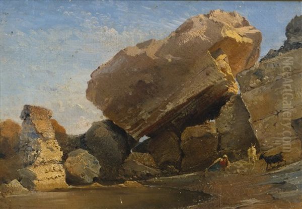 Goatherd With Goats In A Rocky Inlet - view 1