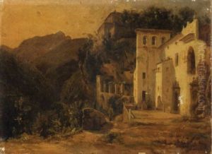 A Hillside Town Near Amalfi With A Church In The Foreground by Giacinto Gigante