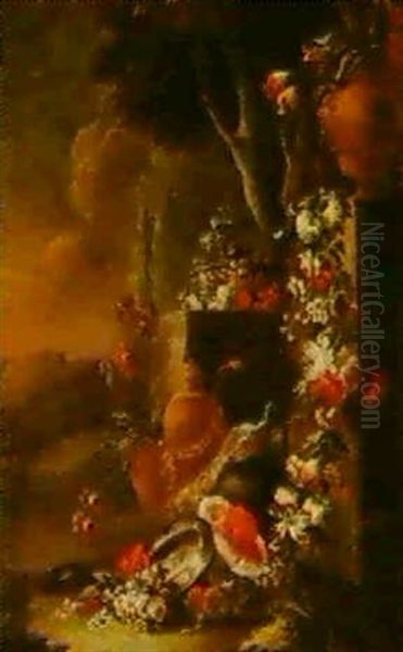 Garlands Of Flowers With A Peacock And Fruit In A Land-     Scape - view 1
