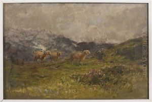 Daybreak In The Mountains: Landscape With Sheep by Eugenio Gignous