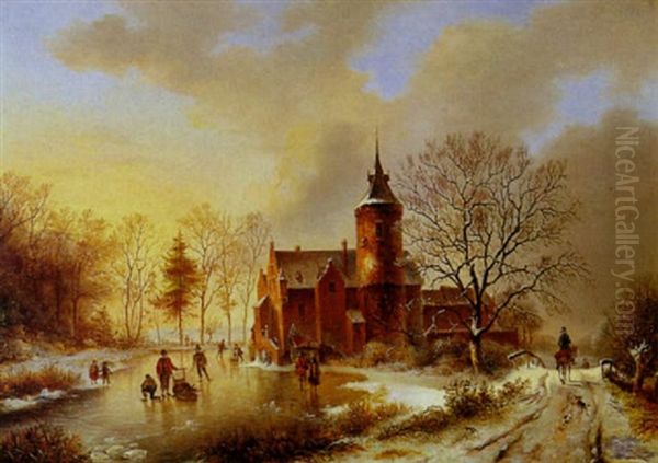 A Winter Landscape With Figures Skating By A House by Regis Francois Gignoux
