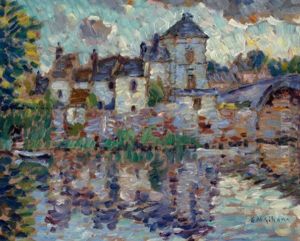 Town Overlooking A Lake by Clarence Montfort Gihon
