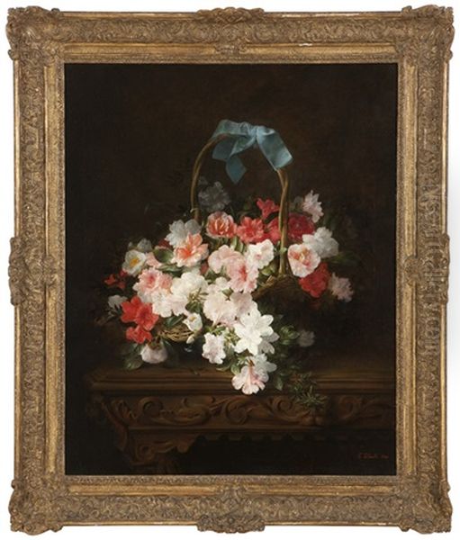 Still Life Of Azaleas And Camellias In A Wicker Basket - view 1