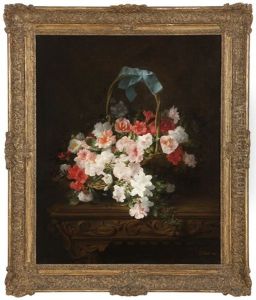Still Life Of Azaleas And Camellias In A Wicker Basket