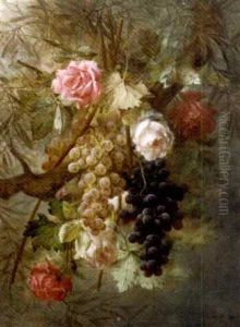 A Cluster Of Pink Roses And Grapes by Joseph-Eugene Gilbault