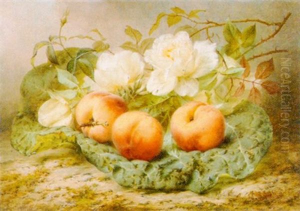 Stillleben Mit Pfirschen Und Rosen Auf Einem Blatt - view 1