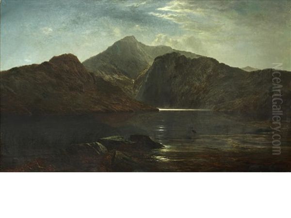 A Moonlit Mountain Lake Landscape With Heron - view 1