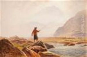 Fisherman In Mountainous Landscape By A Stream, & Couple Fishing On The Bank Of A Stream by Arthur Gilbert