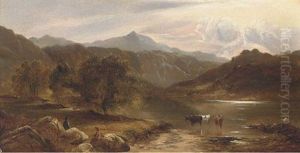 Cattle Watering In A Mountainous Landscape (+ A Drover With Cattle In A Mountainous Landscape, 1885; Pair) by Arthur Gilbert