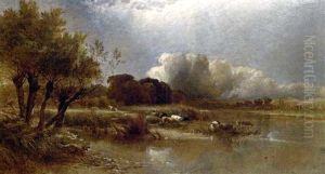 Cattle Watering In A Landscape, A Storm Approaching