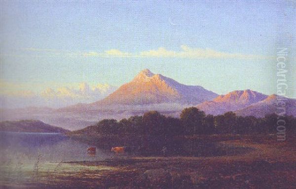 A Drover With Cattle In A Mountainous Lake Landscape - view 1