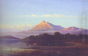 A Drover With Cattle In A Mountainous Lake Landscape