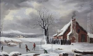 Skaters In A Winter Landscape by Joseph Francis Gilbert