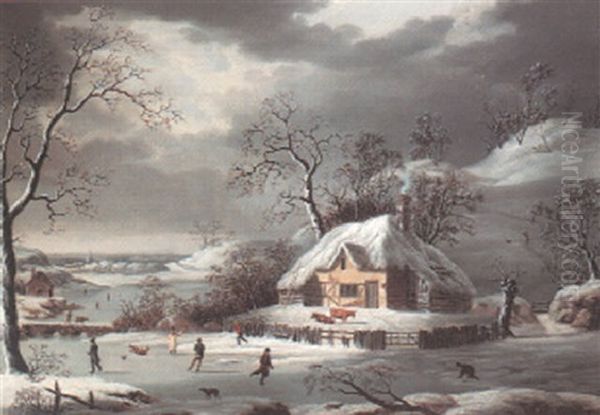 Winter Scene With Figures Skating On A Frozen River - view 1