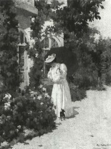 Femme Au Parasol Rouge by Rene Joseph Gilbert